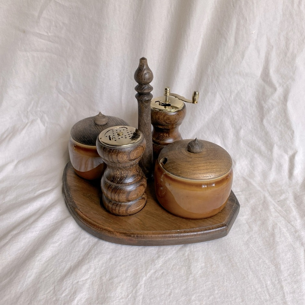 Gail Craft Vintage Wooden Salt Pepper Shaker Cream Sugar Stoneware & Tray